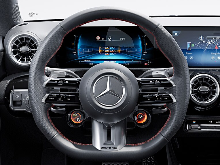 The AMG Performance steering wheel in nappa leather in the Mercedes-AMG A-Class Hatchback.