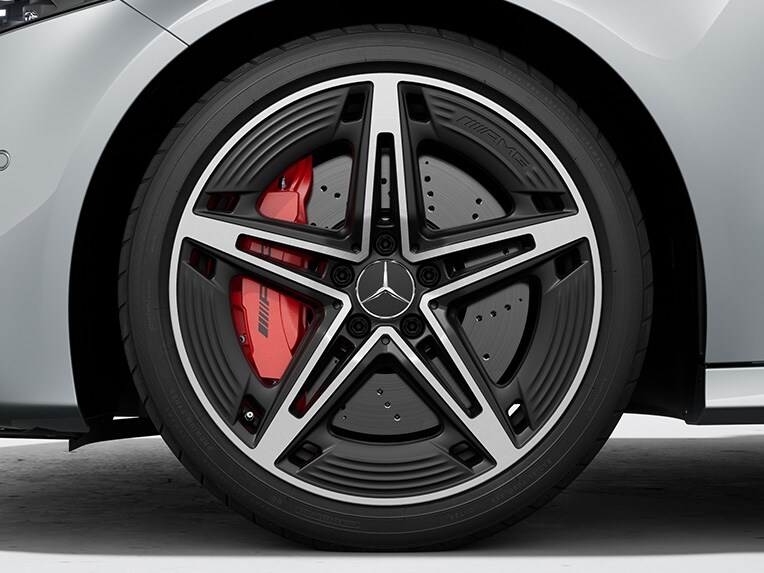 The exterior of the Mercedes-AMG A-Class Hatchback with red-painted brake callipers.