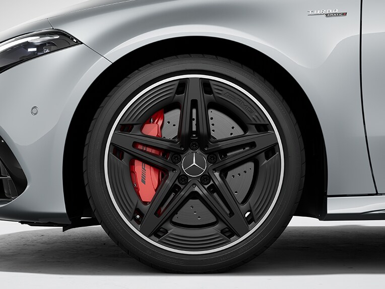 The 48.3 cm (19-inch) AMG 5-twin-spoke light-alloy wheels on the A-Class Hatchback from Mercedes-AMG.