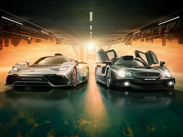Two Mercedes-AMG vehicles side by side, representing the 55-year company history of Mercedes-AMG.