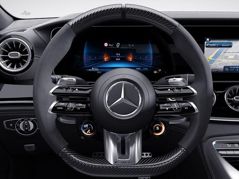 AMG Performance steering wheel in carbon-fibre design / MICROCUT microfibre in the Mercedes-AMG GT 63 S E PERFORMANCE.