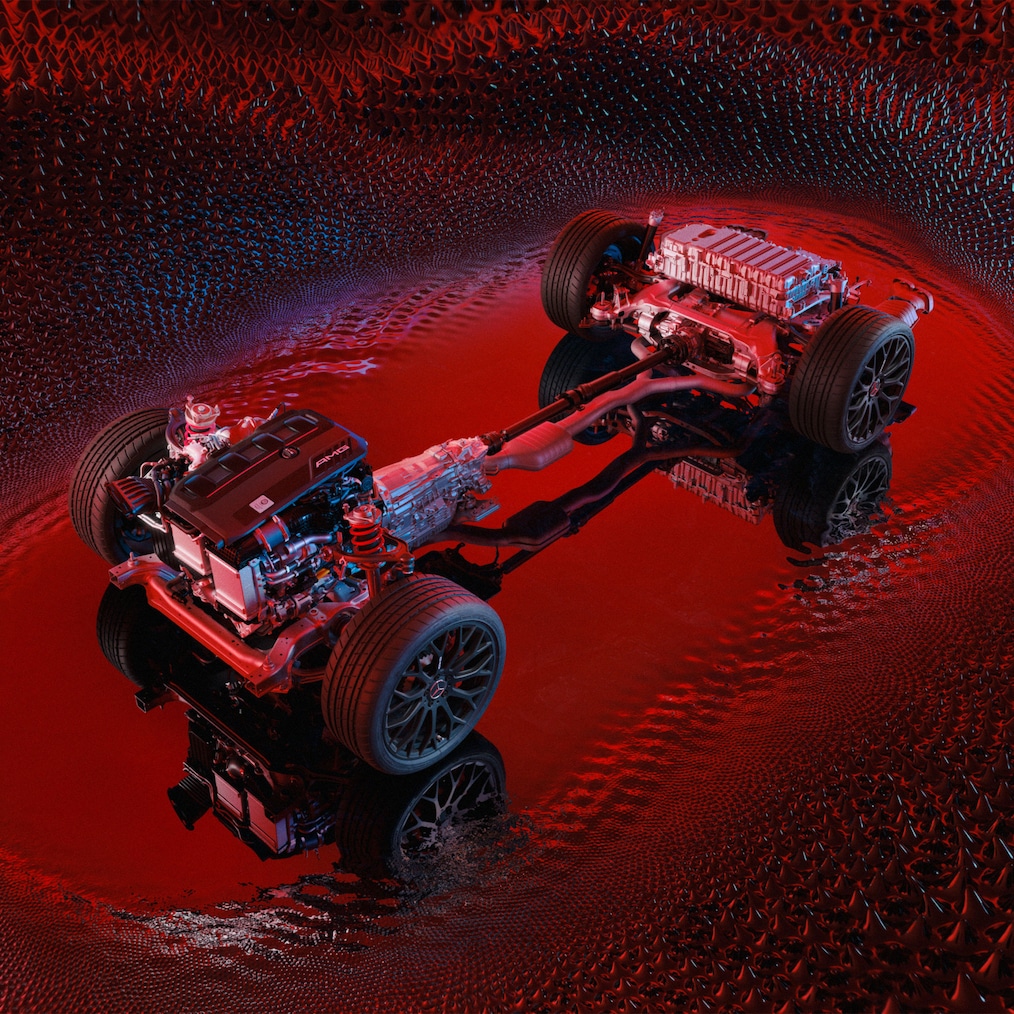 The chassis with drivetrain of the Mercedes-AMG C 63 S E PERFORMANCE.