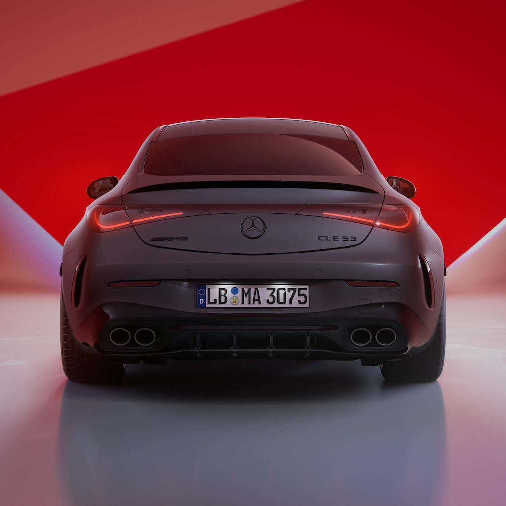 Frontal side view (or rear view) of the Mercedes-AMG CLE 53 4MATIC+ Coupé.