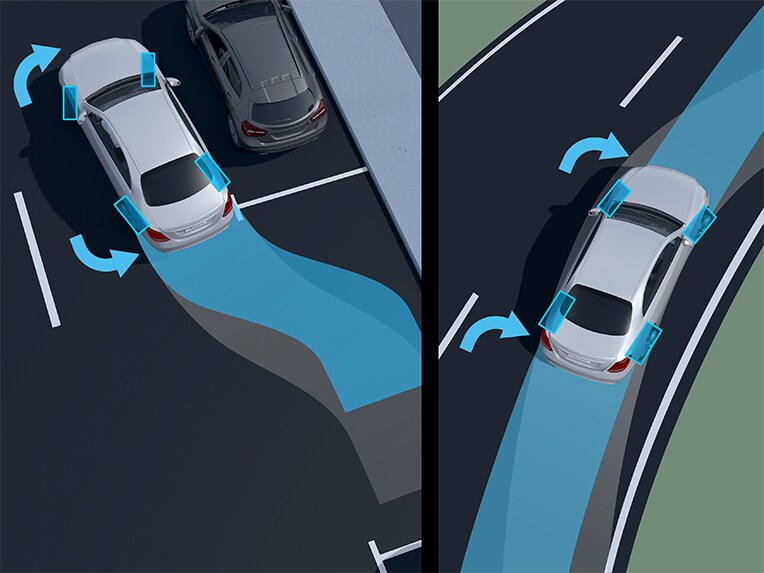 EQE 房車的後軸轉向系統示意圖。