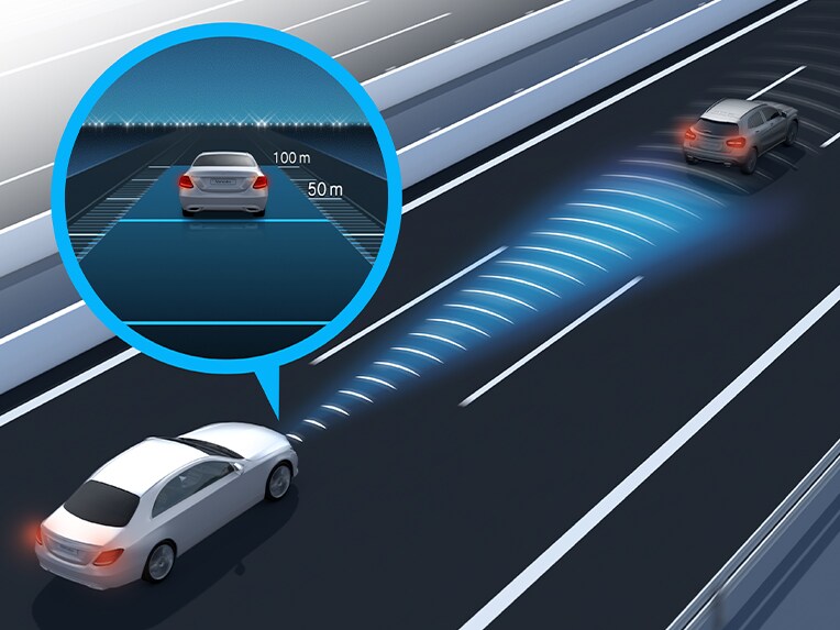 A graphic representation of Active Distance Assist DISTRONIC in the EQS Saloon from Mercedes-Benz.
