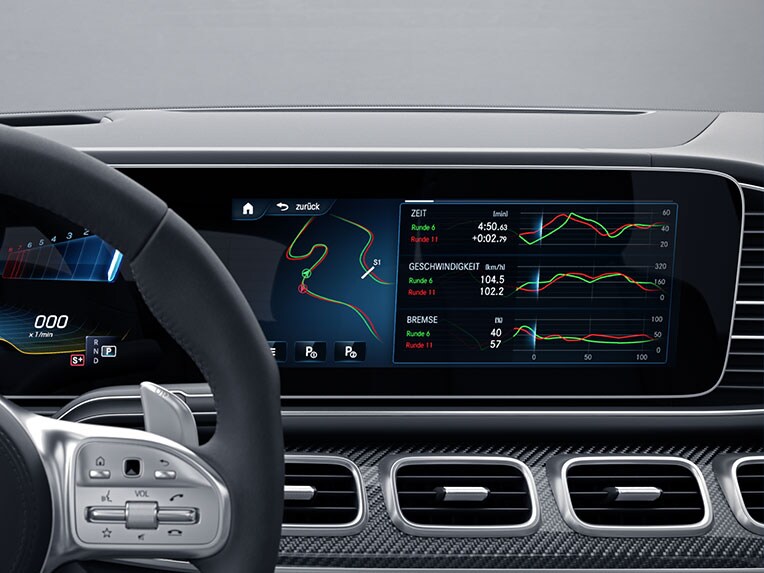 梅賽德斯-AMG GLS 63 4MATIC+內使用AMG TRACK PACE的顯示屏。