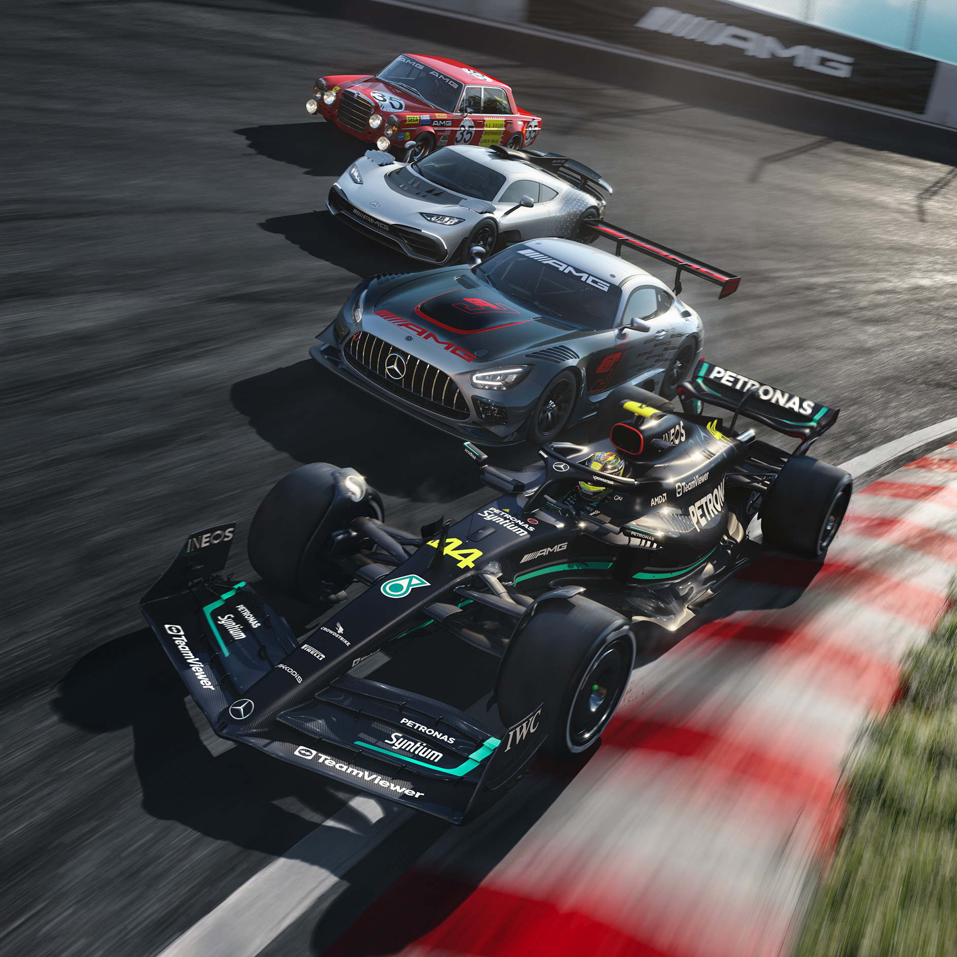 賽道上的多輛Mercedes-AMG跑車。 車輛動態 | 我們的動力 | Mercedes-AMG