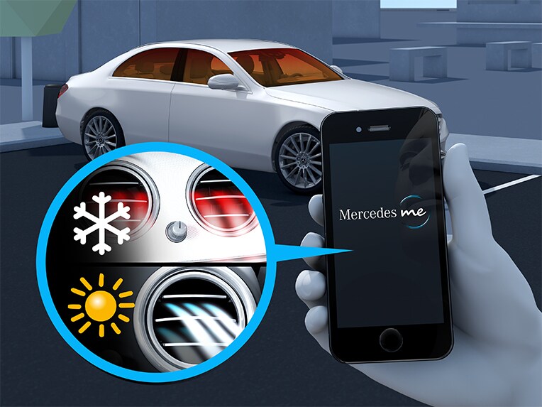 Mercedes-Maybach EQS SUV用車前預設恆溫冷氣控制的可視化顯示。