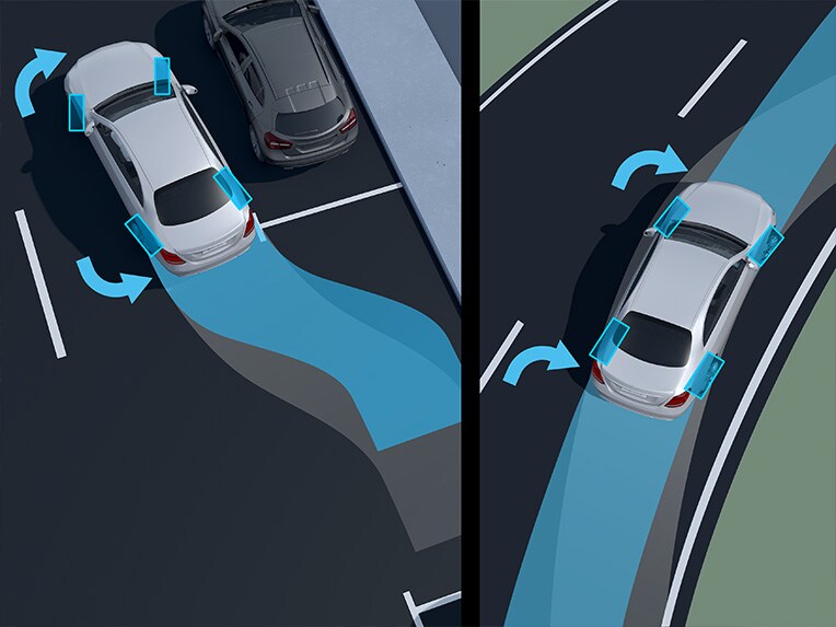 An illustration of the functions of rear axle steering of the Mercedes Maybach S-Class.