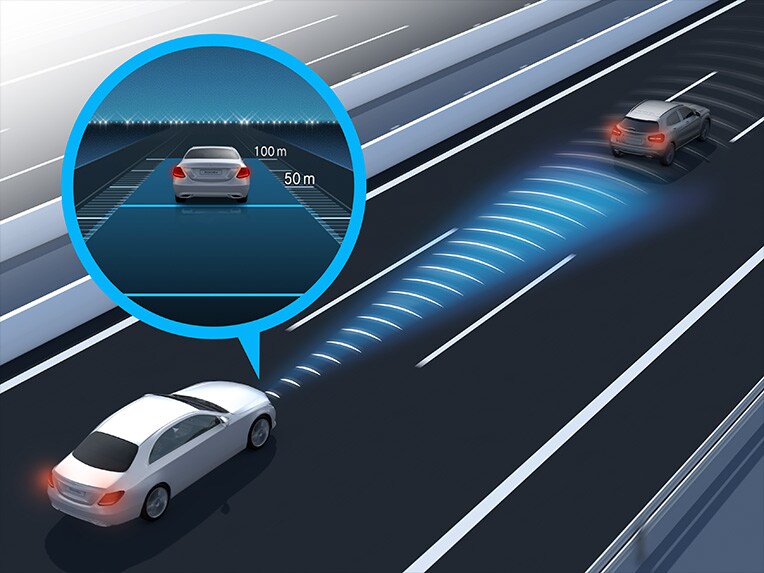 The video illustrates the functions of Active Distance Assist DISTRONIC in the Mercedes Maybach S-Class.