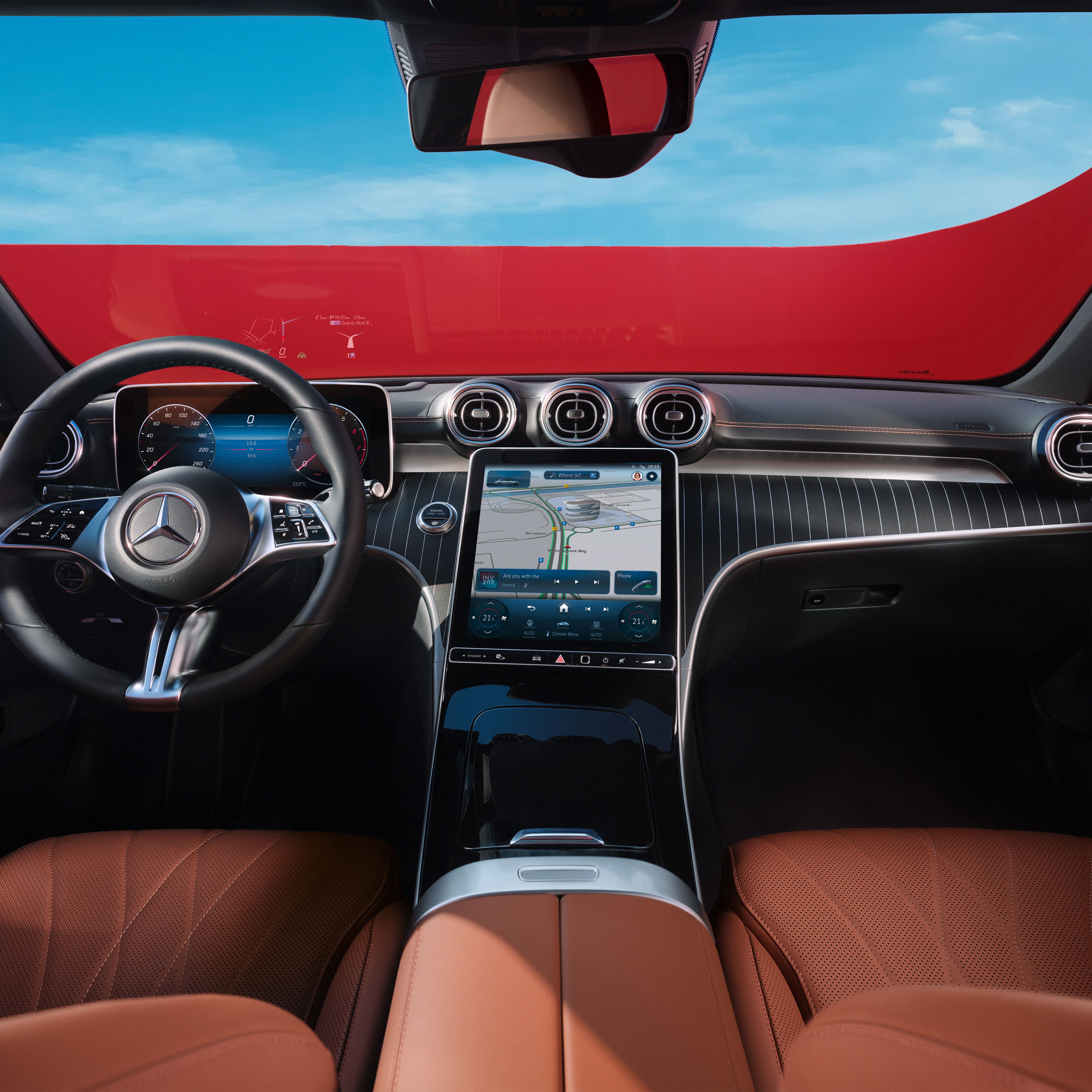 The interior of the C-Class Saloon with MBUX multimedia system and touchscreen.