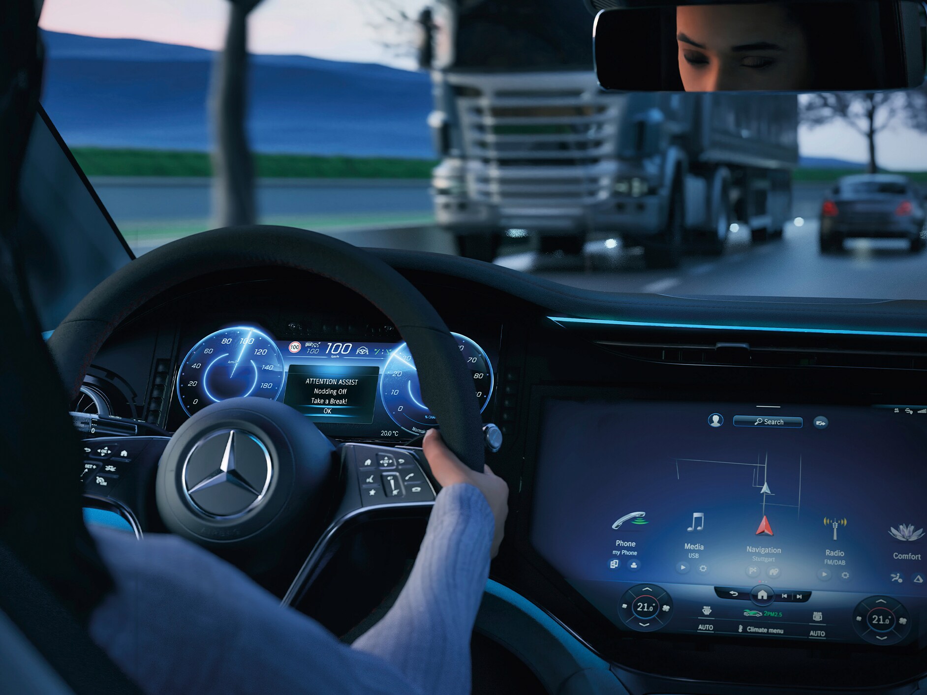 Interior view of an Mercedes-Benz car cockpit.