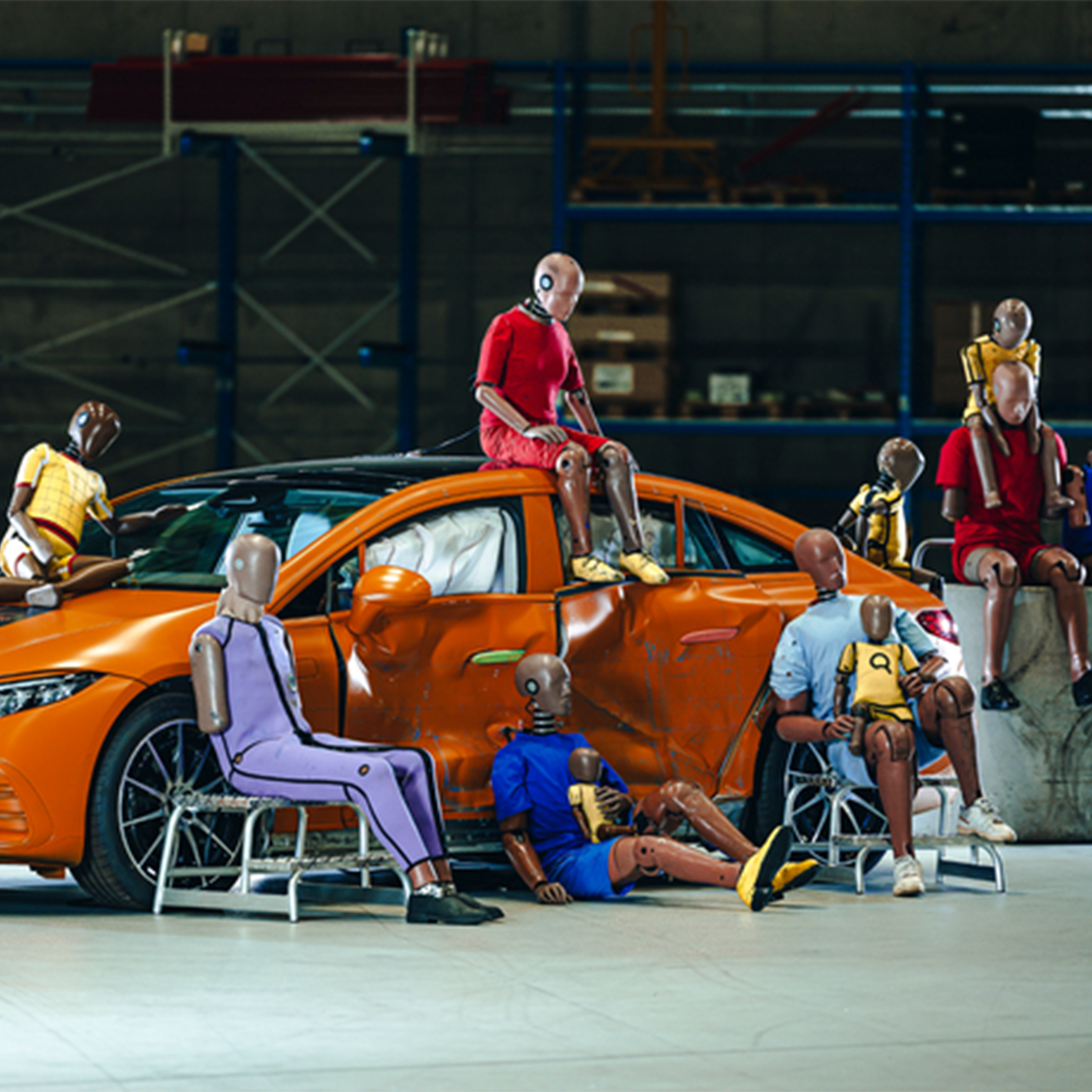 Crash test dummies | Safety | Mercedes-Benz Multiple crash test dummies sitting on and arround a Mercedes-Benz car.