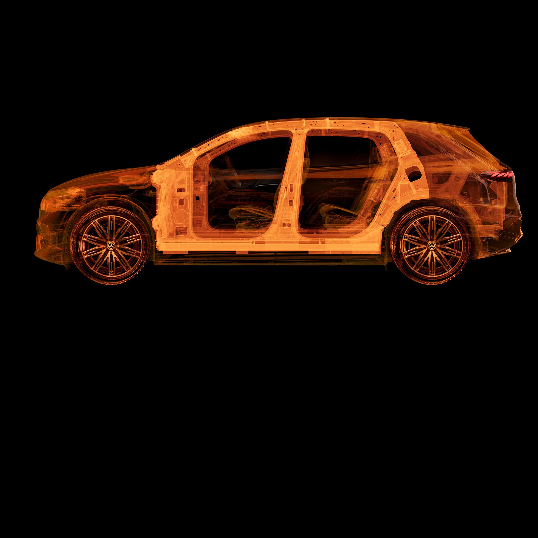 Transparent side view of an Mercedes-Benz car showing interior structures.