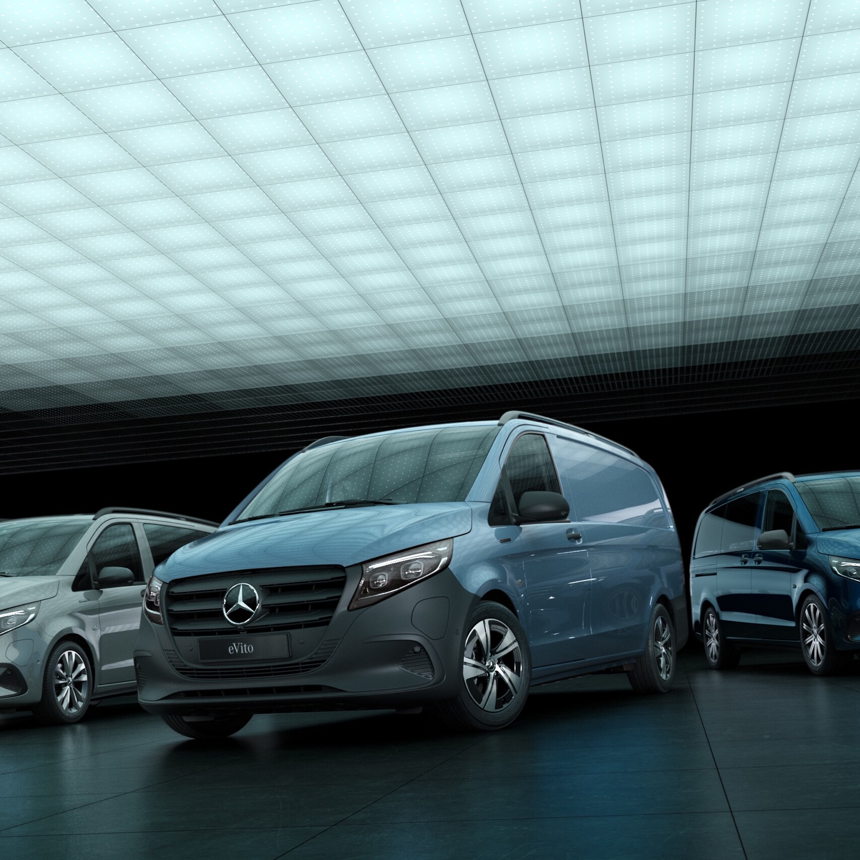 Mercedes-Benz eVito 輕型客貨車、Vito 輕型客貨車、Vito Mixto、eVito Tourer 和 Vito Tourer 在倉庫裡一字排開。
