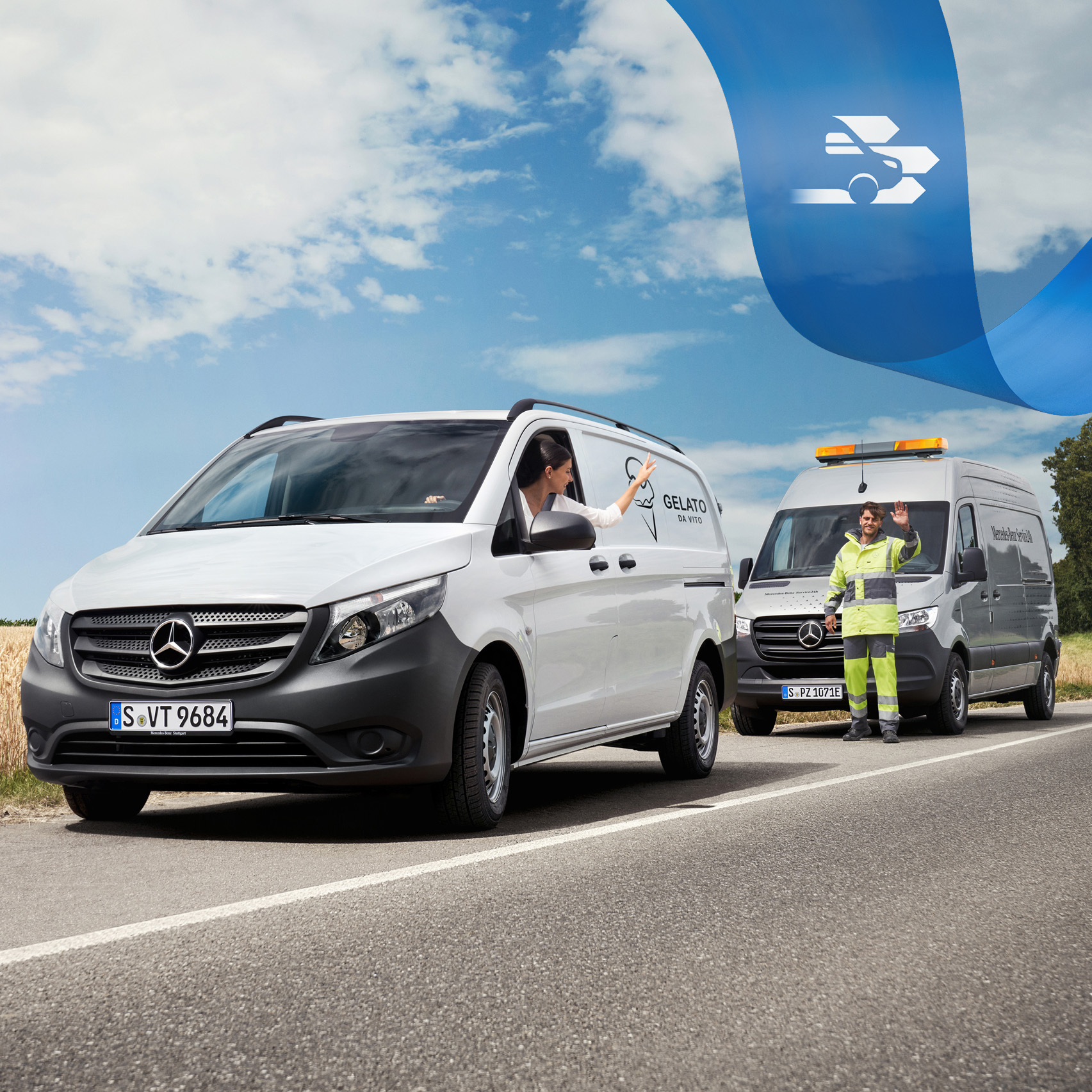Mercedes-Benz | 小型商用車關懷 | 24小時服務 關懷方面的專業支援:Mercedes-Benz 服務人員在路邊協助貨車駕駛員,雙方友善揮手致意。