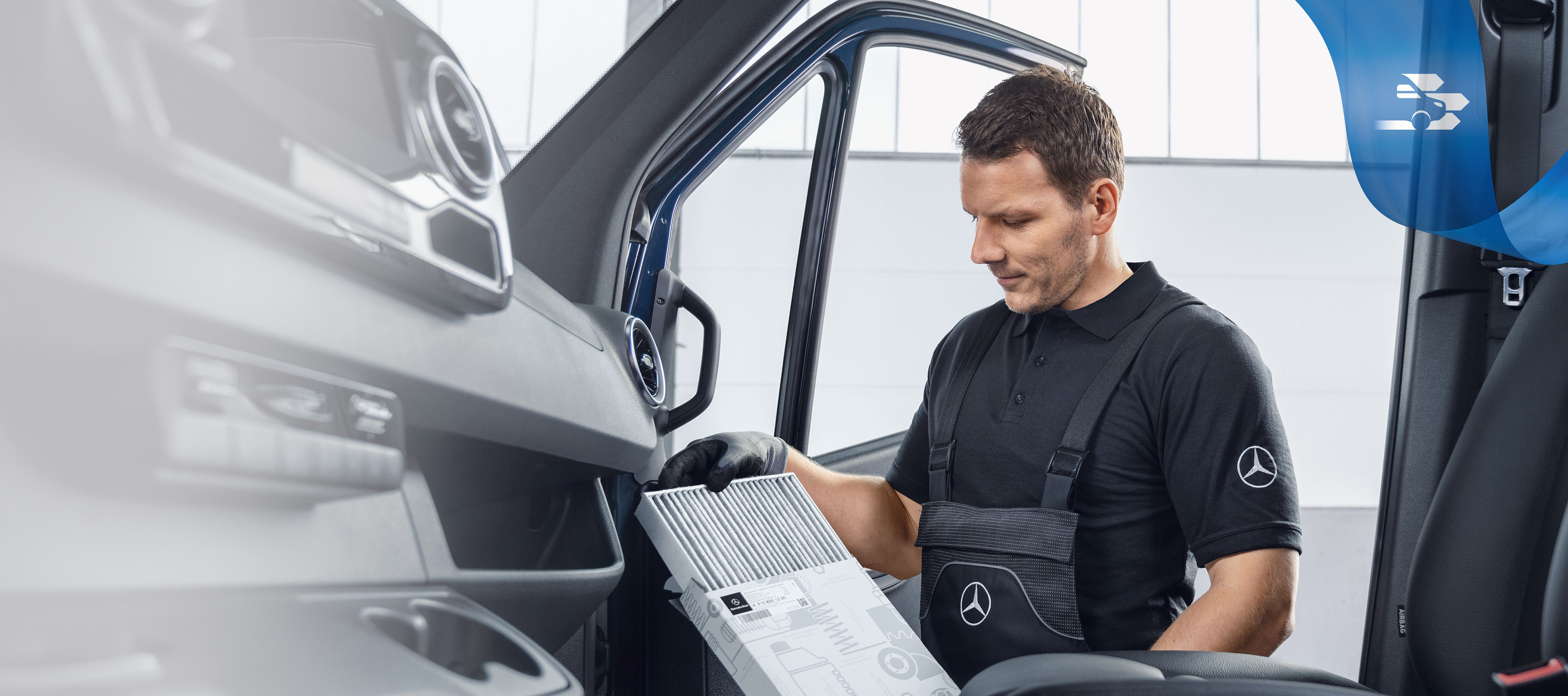 Mercedes-Benz | Vans Quality GenuineParts Mechanic checking Mercedes-Benz GenuineParts inside the van.