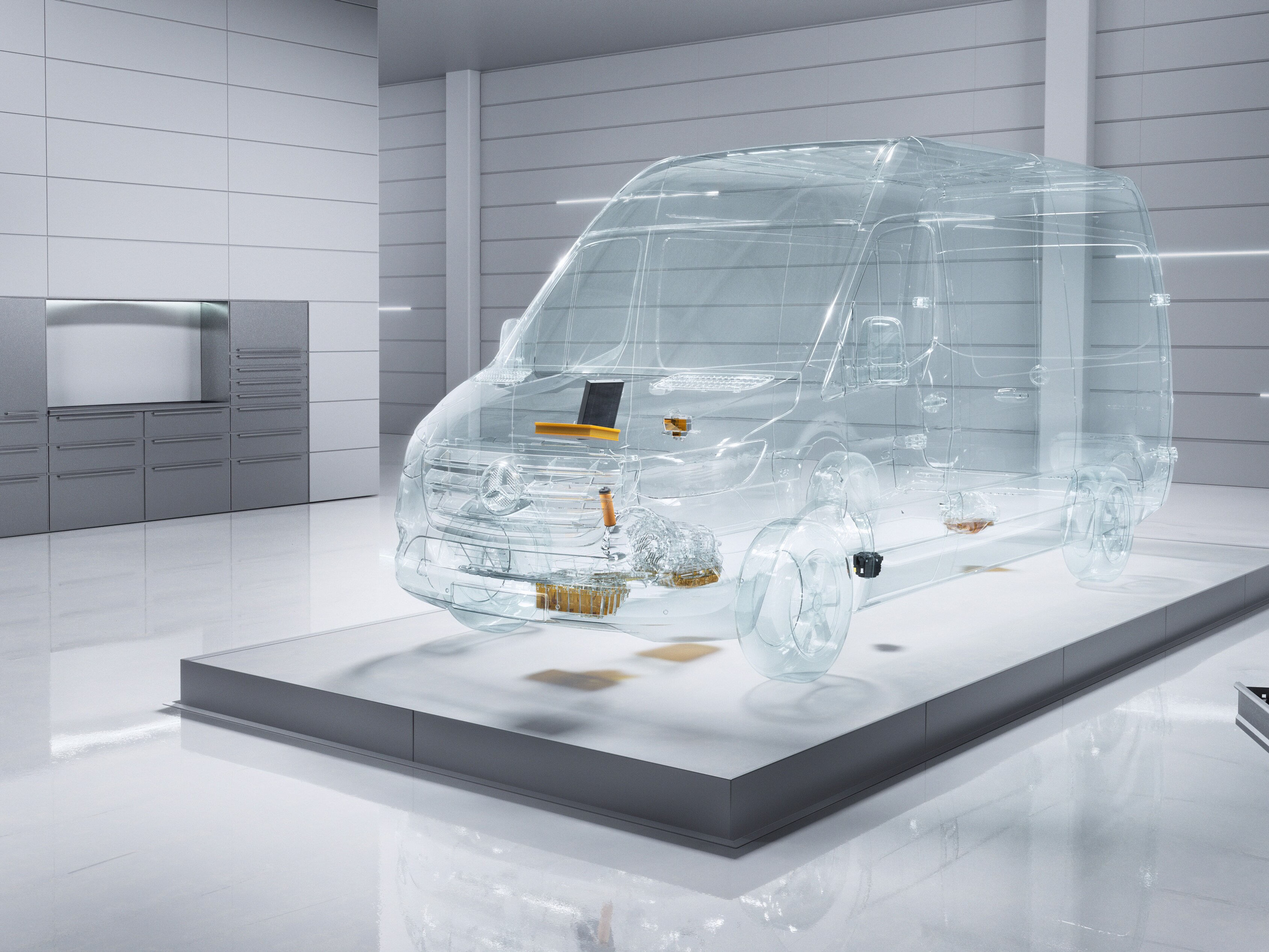 A virtual transparent Mercedes-Benz Sprinter van in a workshop setting.