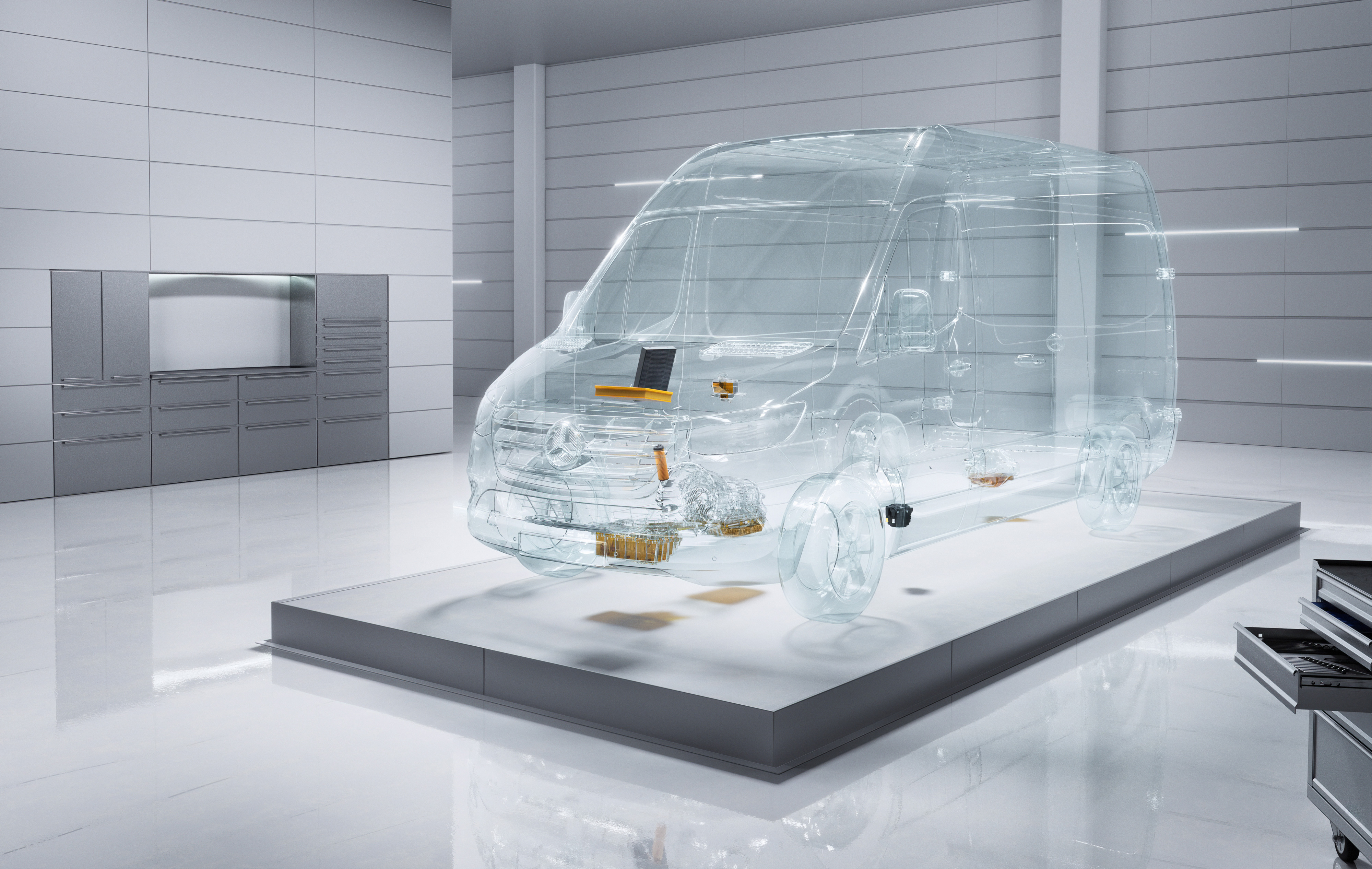 A virtual transparent Mercedes-Benz Sprinter van in a workshop setting. A virtual transparent Mercedes-Benz Sprinter van in a workshop setting.