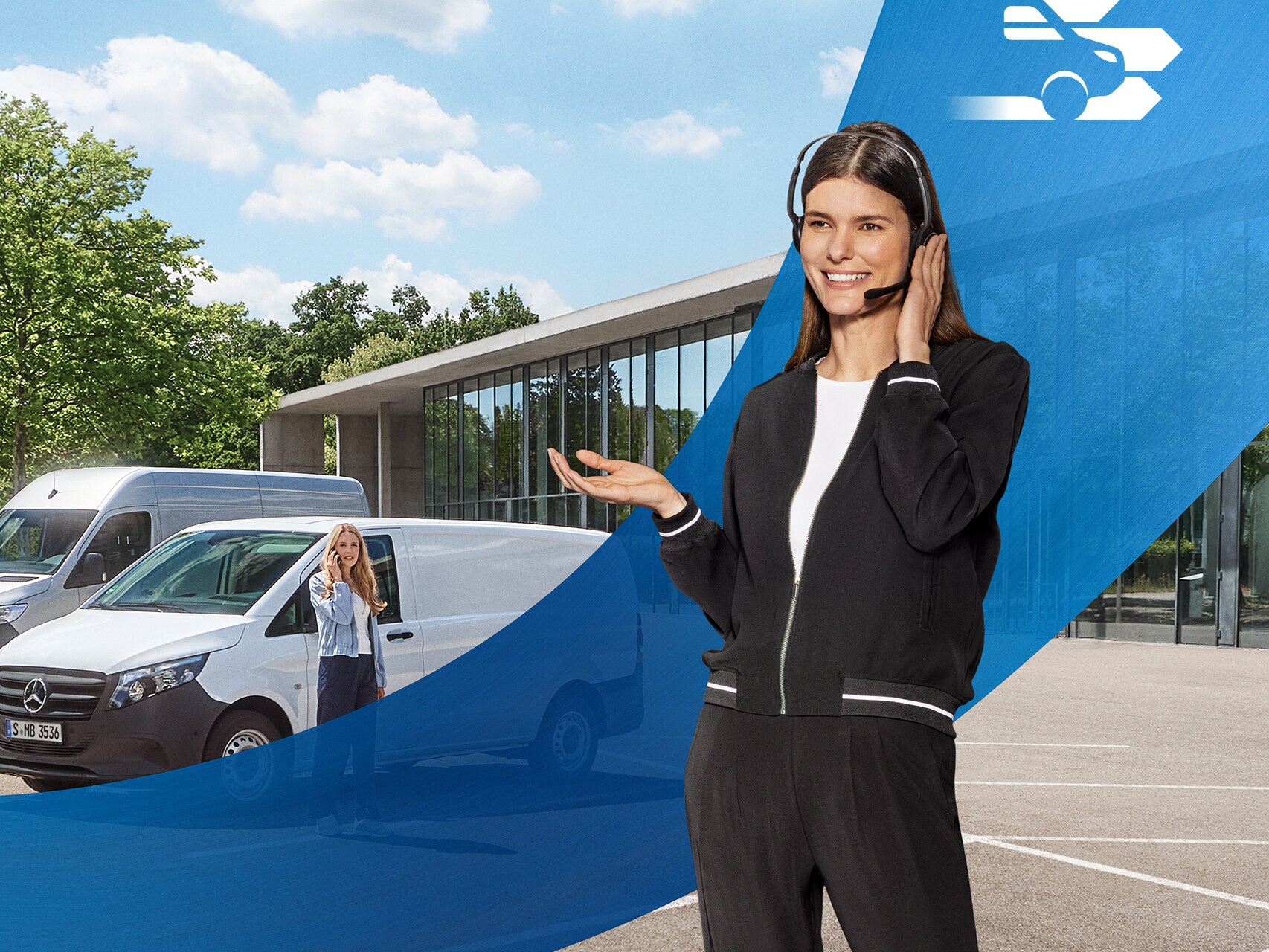 Call Center Operator with headset in a parking lot in front of a Mercedes-Benz Van, providing van care.