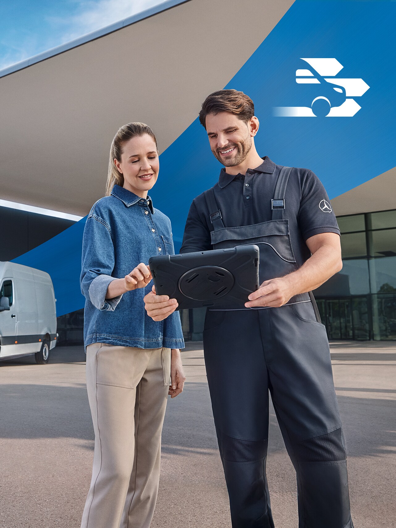 Two people in front of a dealership – comprehensive commercial vehicle service for Mercedes-Benz customers.