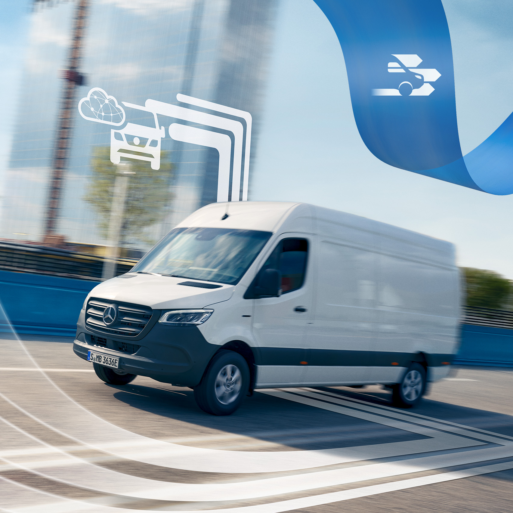 Mercedes-Benz | Van technology | Digital Extras White Mercedes-Benz Sprinter van on road with digital symbol.